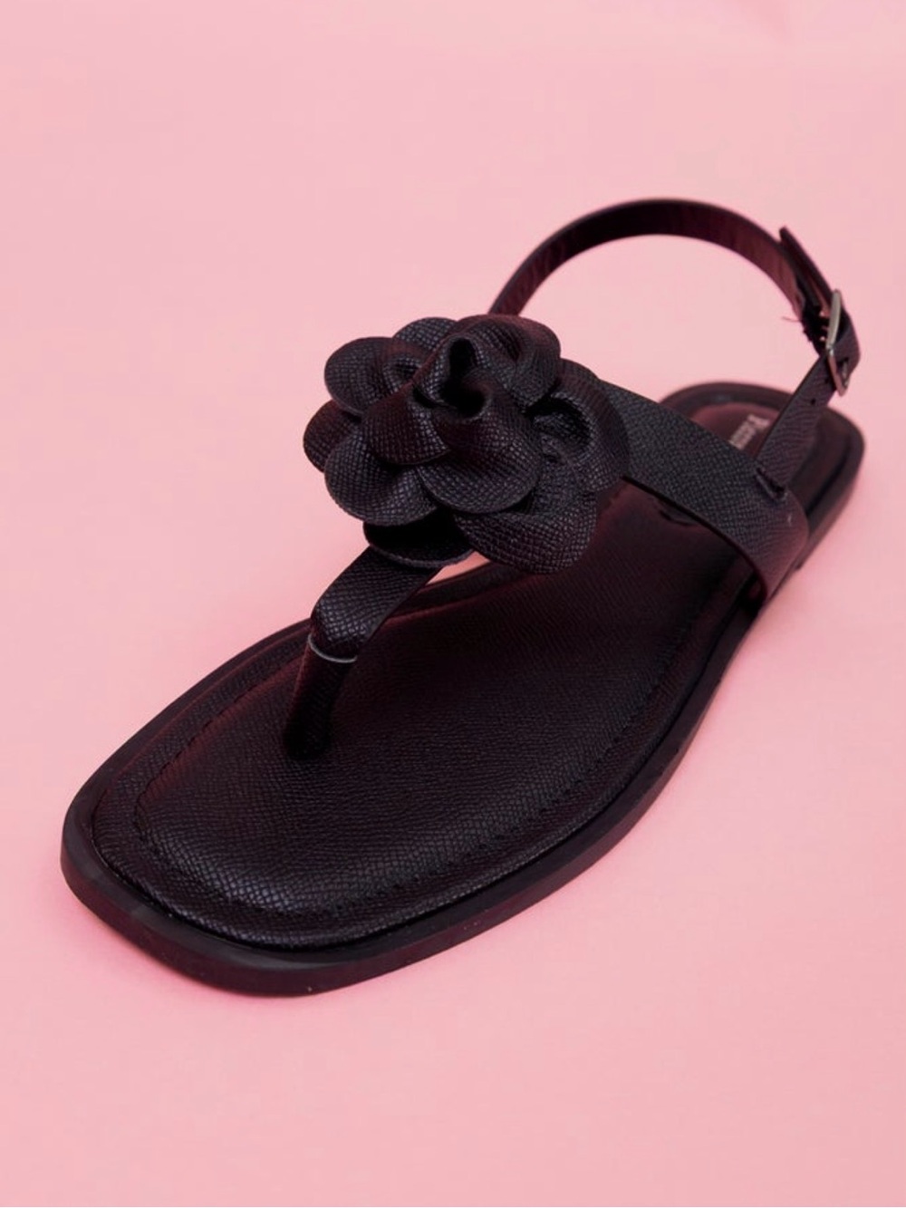 Pierre Dumas Black Floral T-Strap Sandals with Ankle Strap